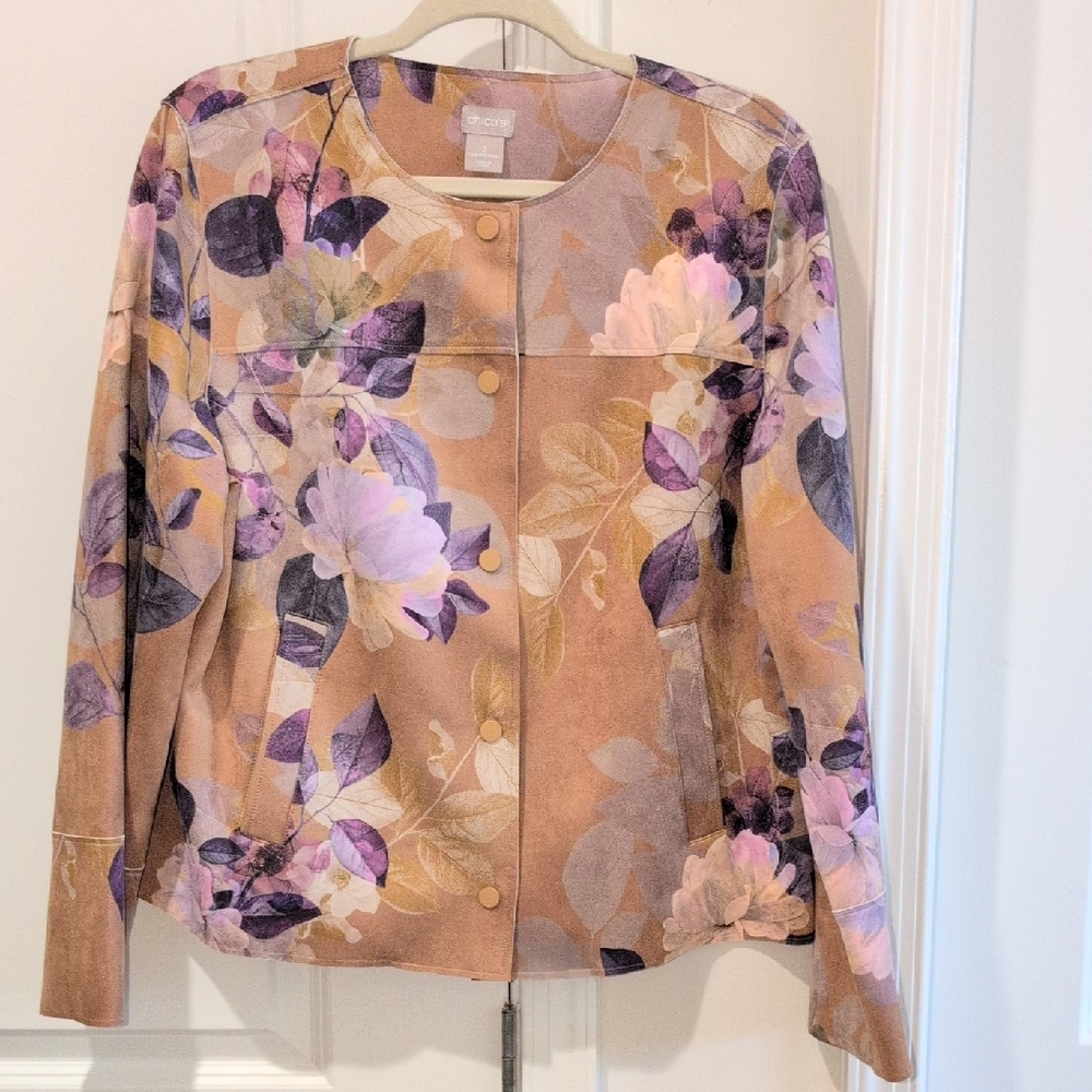 NWOT Chicos Faux Suede Tan W Purple Leaves Jacket